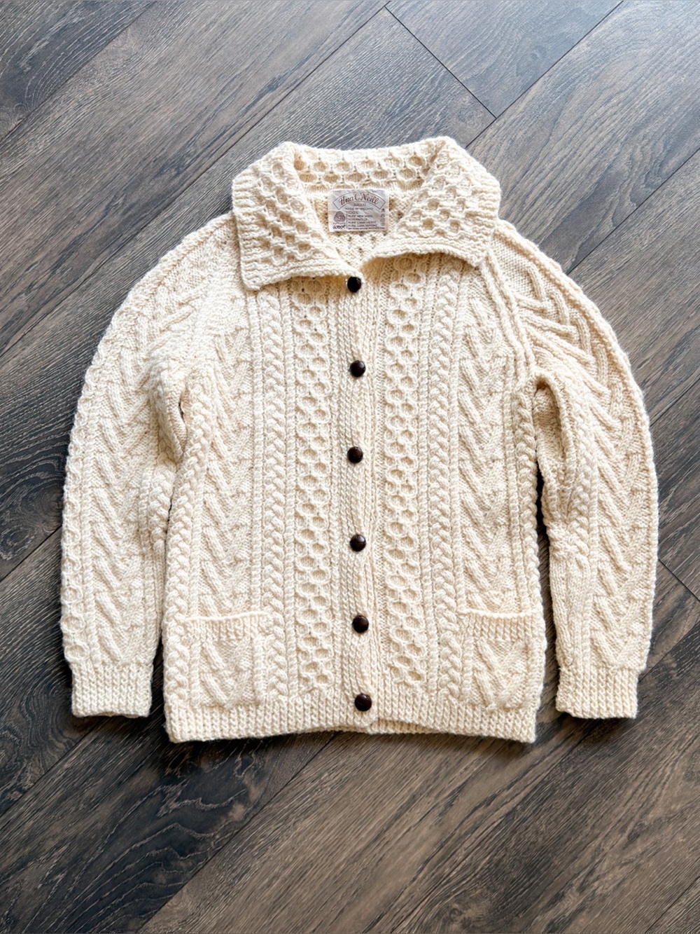 Una O’Neill Men’s Small Aran Wool Fisherman Cardigan Cable Knit Ireland Vintage
